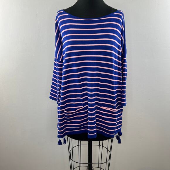 LILLY PULITZER Twilight Blue Coastal Shell Stripe Elba Tassel Sweater Size S - Picture 3 of 11